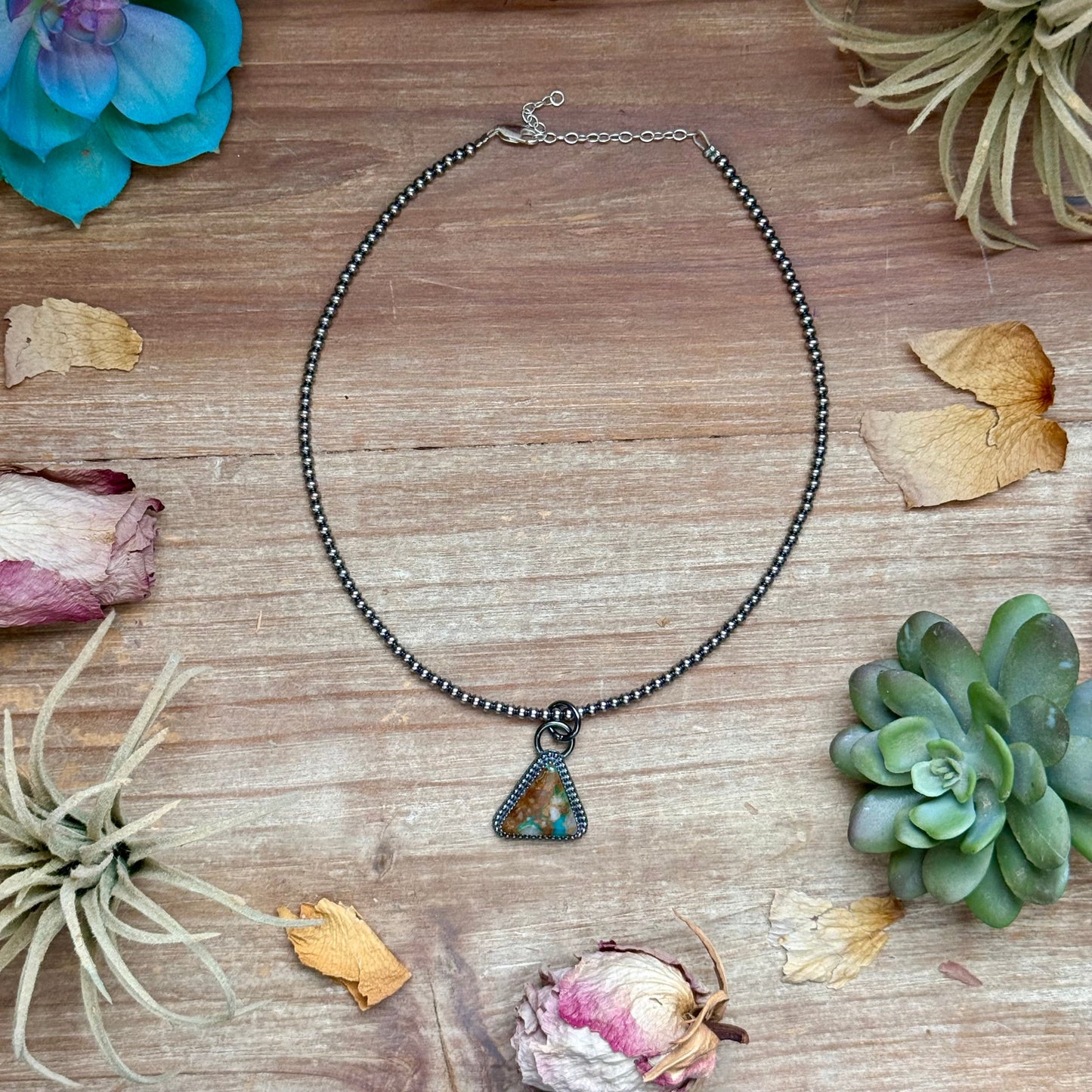 Triangle Royston turquoise sterling silver pendant with free sterling silver pearl necklace handmade by The Bijoux FAB