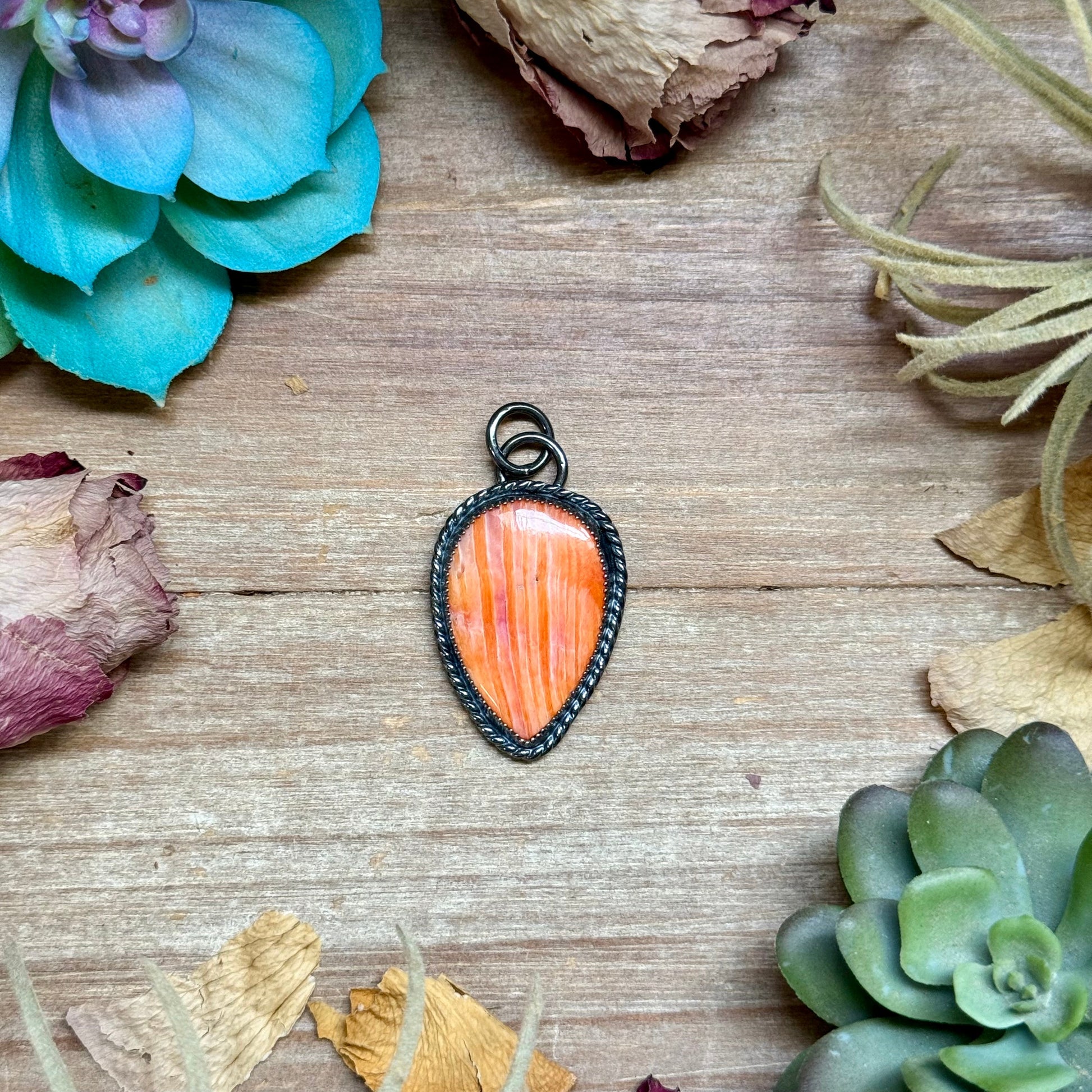 Orange spiny oyster teardrop sterling silver charm with free sterling silver necklace handmade by The Bijoux FAB