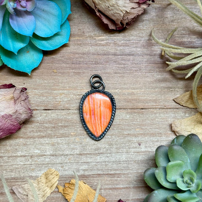 Orange spiny oyster teardrop sterling silver charm with free sterling silver necklace handmade by The Bijoux FAB