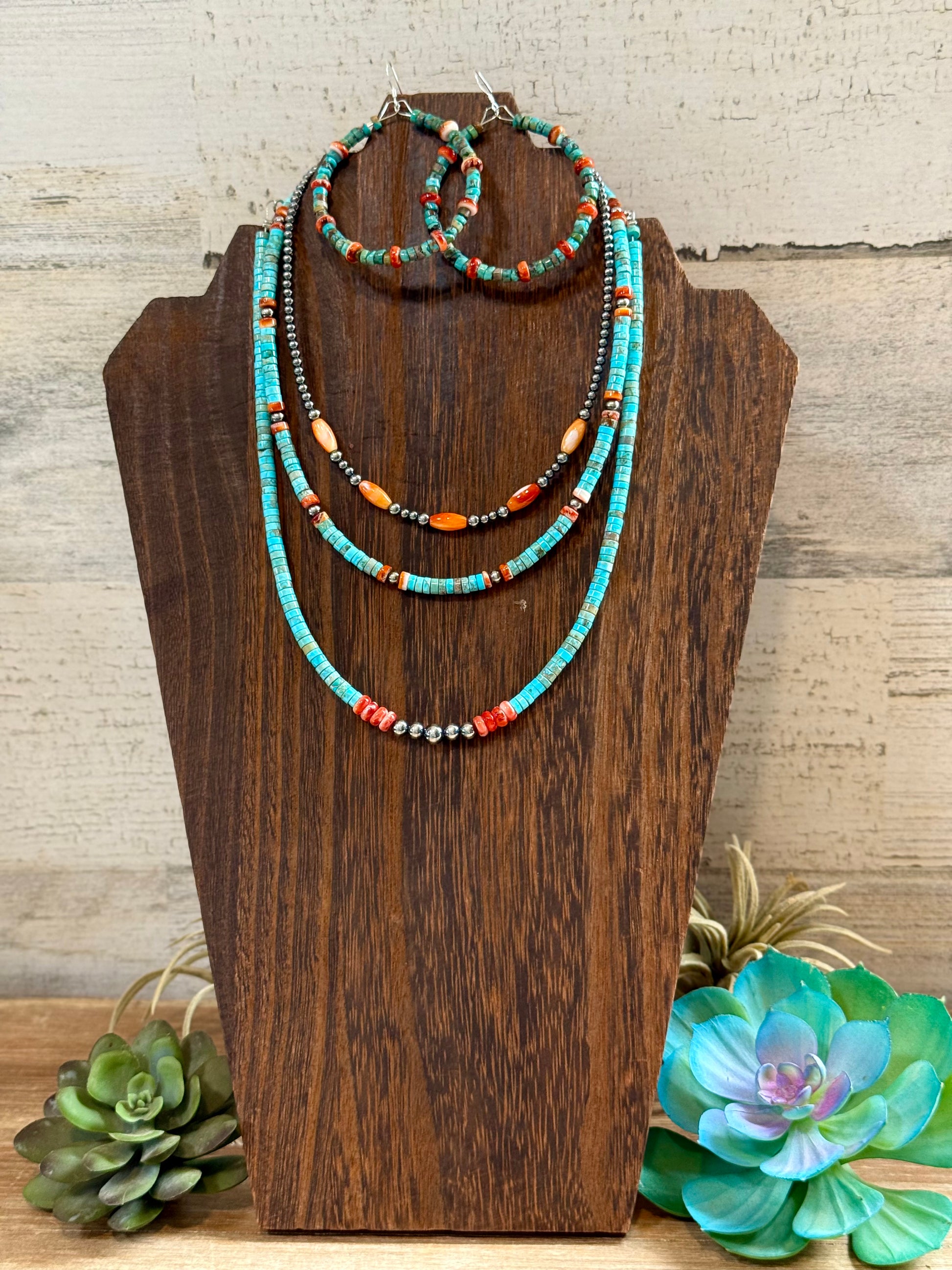 turquoise and spiny oyster jewelry stack 4 piece necklace and earrings layered set handmade USA