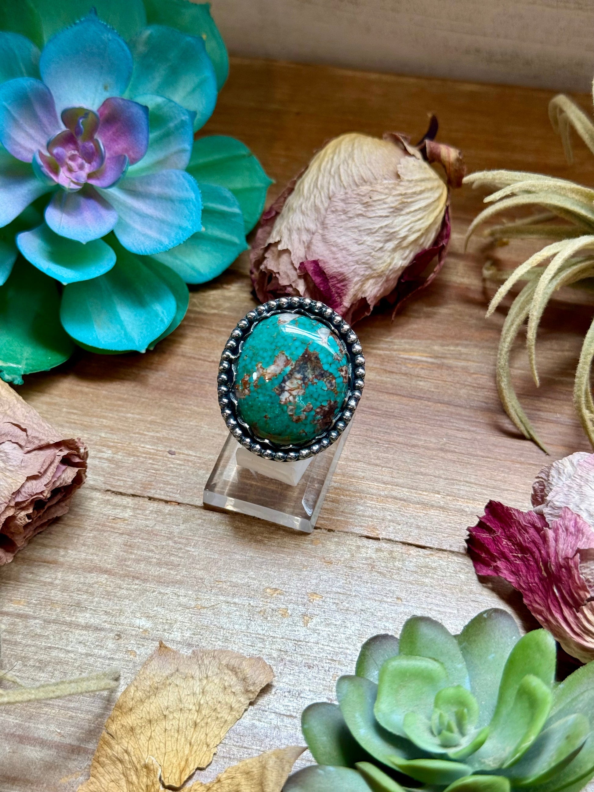 MJ sterling silver turquoise statement ring adjustable 1 1/4 inch handmade USA jewelry