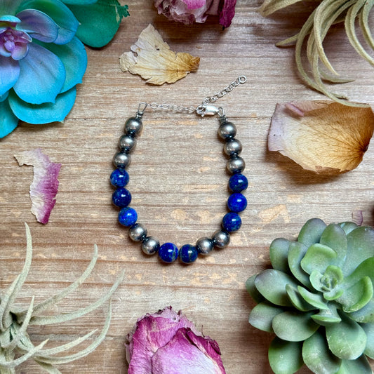 Lapis & Sterling Silver Bracelet – 6.5 Inch + Extender – 8 mm Round Beads