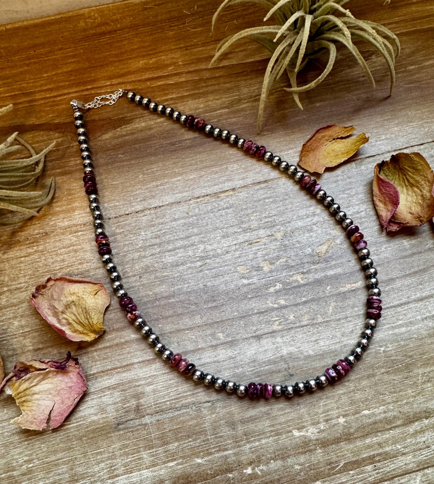 Handmade 18-inch sterling silver pearl necklace with deep purple spiny oyster beads and extender, limited edition by The Bijoux FAB