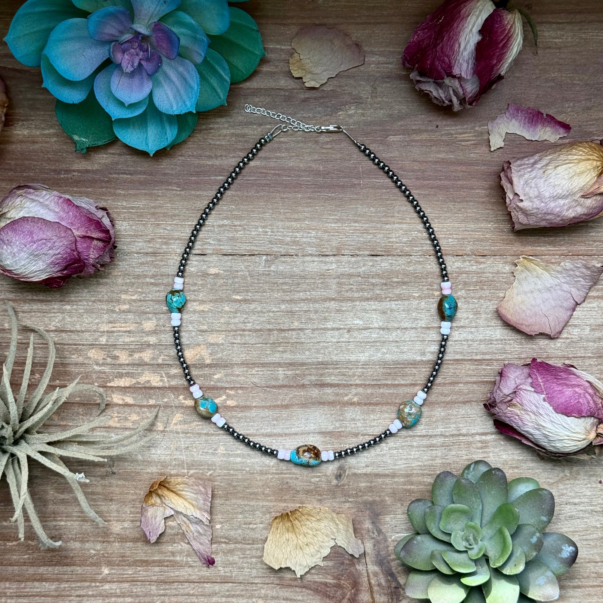 15 inch pink conch and turquoise nugget necklace with sterling silver pearls handmade by The Bijoux FAB
