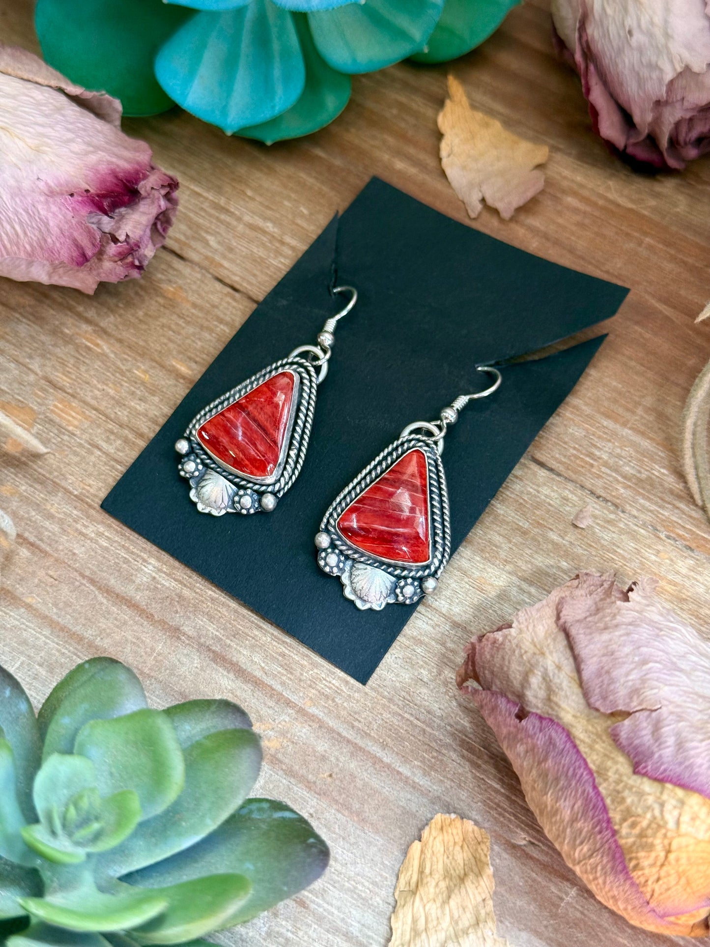 62 - Sterling Silver Red Spiny Oyster Dangle Earrings by Shay Pfeiffer