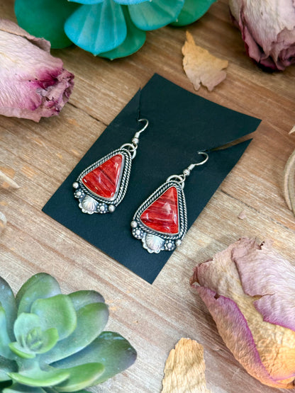 62 - Sterling Silver Red Spiny Oyster Dangle Earrings by Shay Pfeiffer