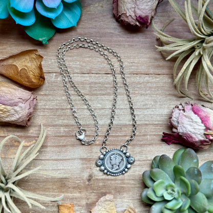 93 - Sterling Silver Mercury Dime Fixed Chain Necklace by Jason Ogg