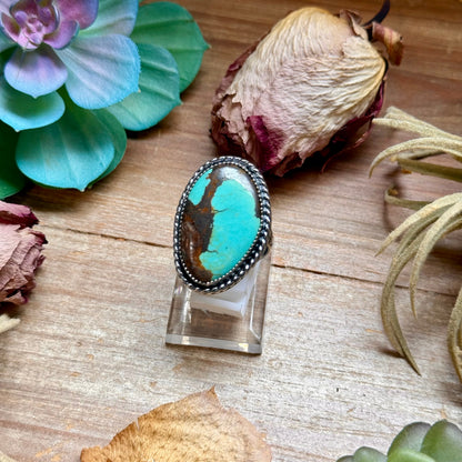 Blue turquoise sterling silver adjustable ring with dark matrix handmade in the USA by The Bijoux FAB
