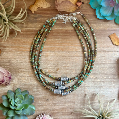 Green Turquoise Heishi & Sterling Silver Barrel Bead Necklace
