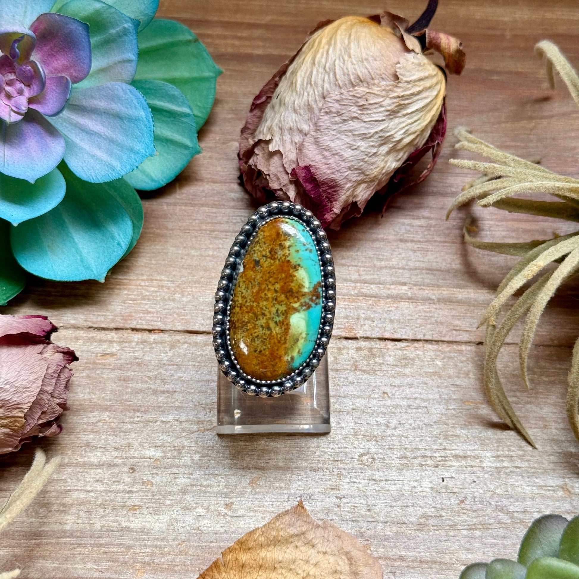 Turquoise sterling silver adjustable ring with heavy matrix handmade in the USA by The Bijoux FAB
