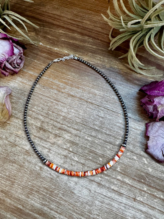 Sterling silver pearl choker with spiny oyster heishi center bead and 4mm Soce accents, handmade by The Bijoux FAB in the USA, 14" plus extender