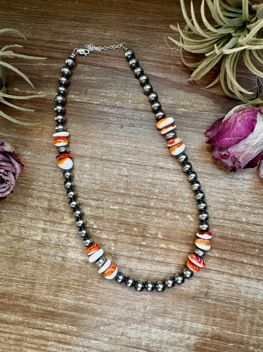 17.5-inch sterling silver pearl necklace with freeform orange spiny oyster beads, handmade by The Bijoux FAB in the USA
