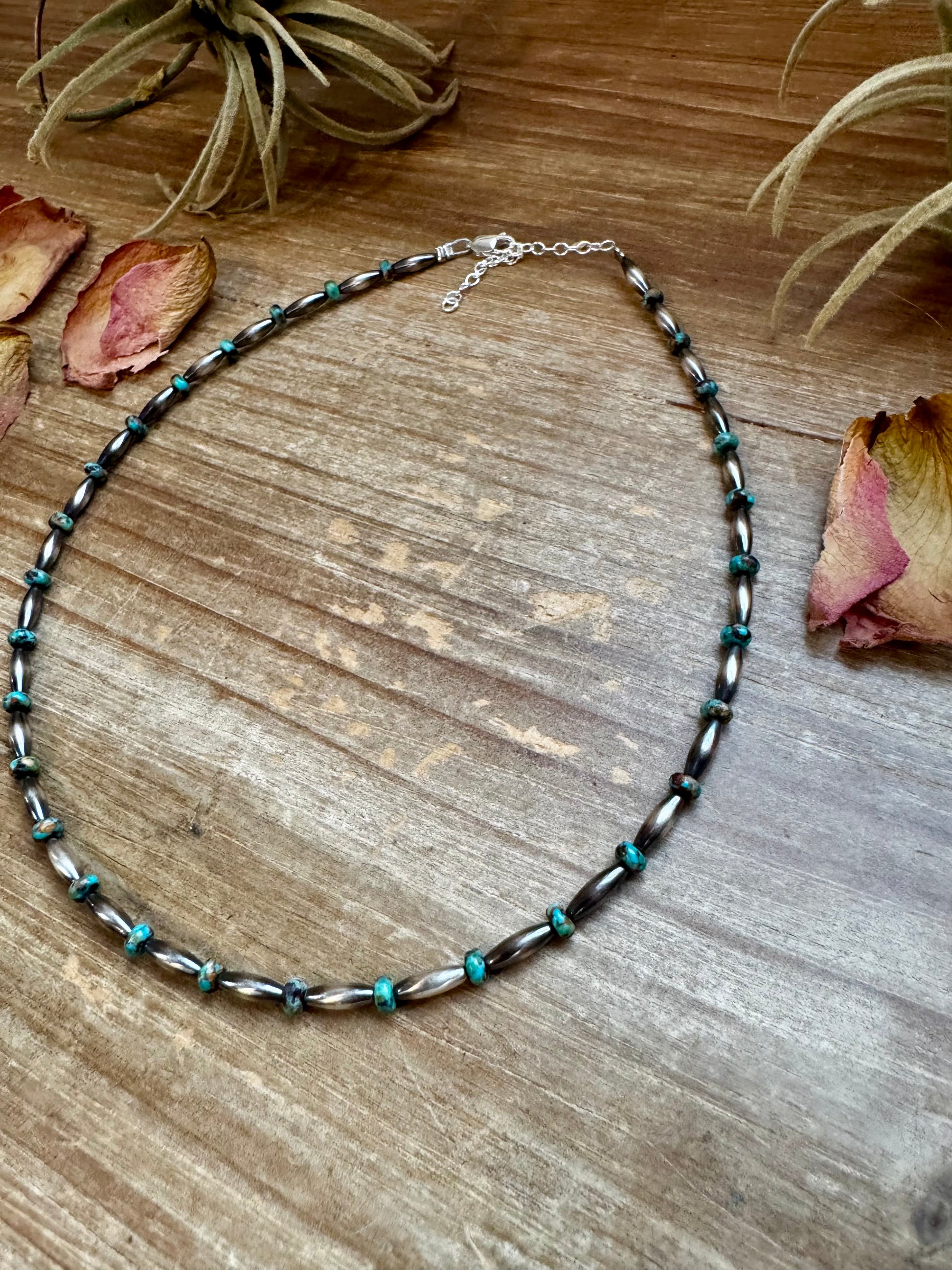 Handmade 14.5-inch turquoise choker with alternating 4mm rondelle and 3x9mm torpedo beads, plus extender, made by The Bijoux FAB
