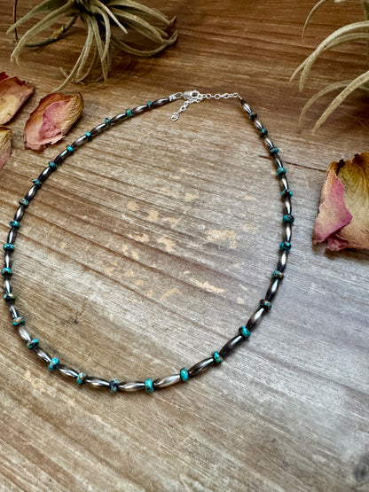 Handmade 14.5-inch turquoise choker with alternating 4mm rondelle and 3x9mm torpedo beads, plus extender, made by The Bijoux FAB