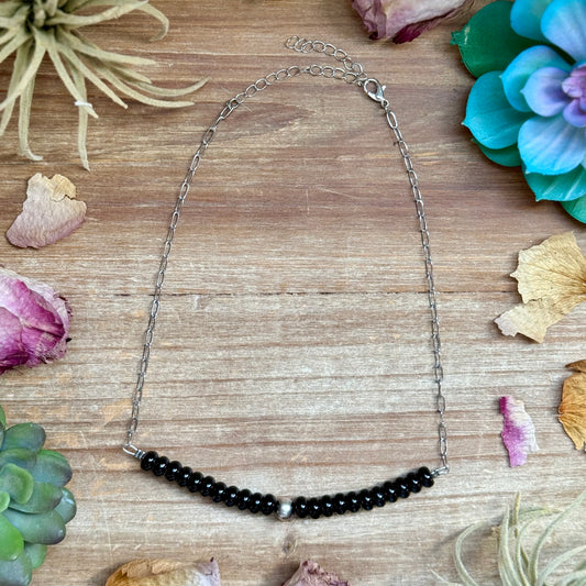 16 inch black onyx paperclip necklace with sterling silver bead handmade in the USA by The Bijoux FAB
