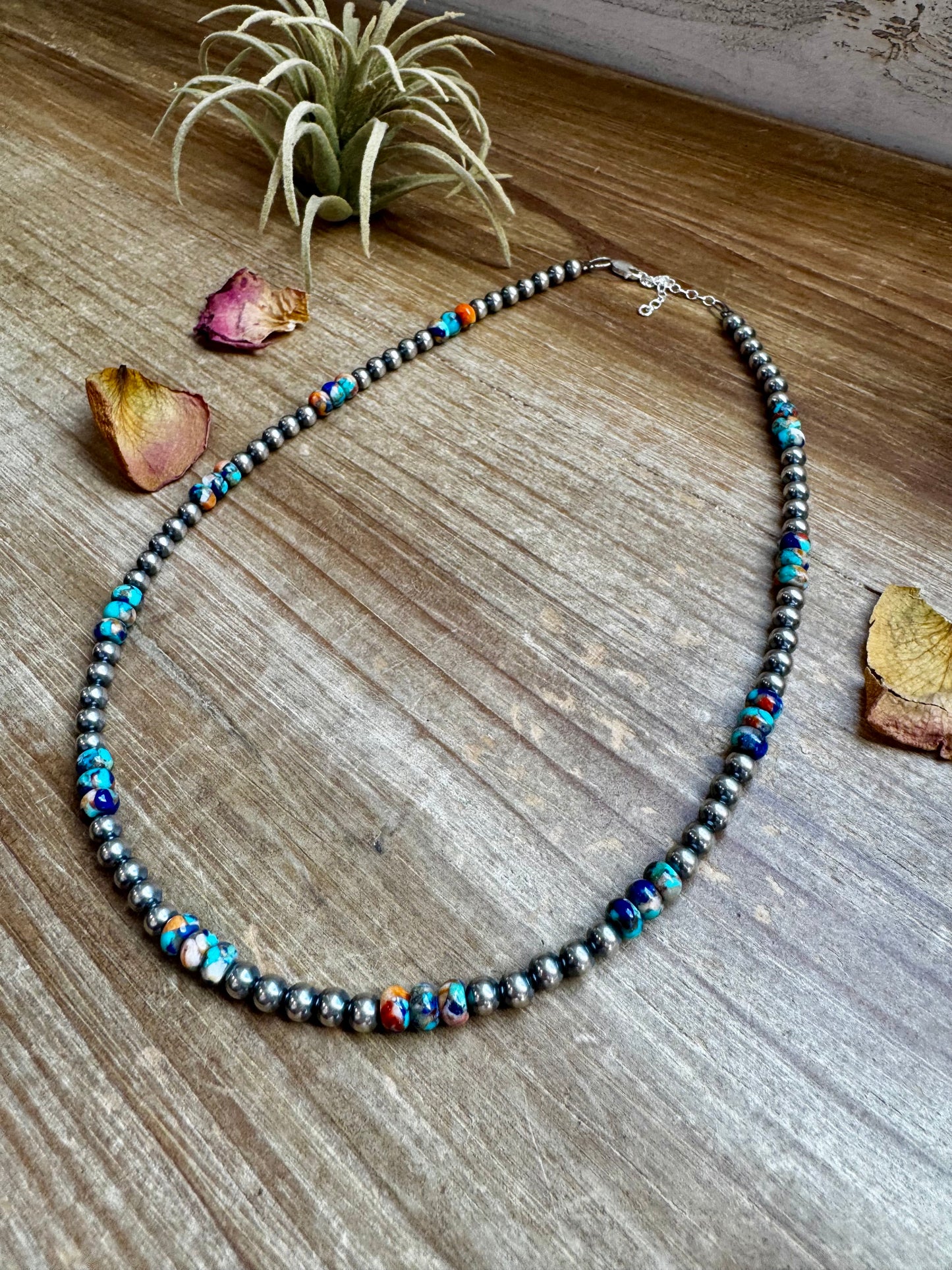 18 Inch 5 mm sterling silver pearls necklace with RARE Lapis mix with spiny & turquoise rondelle beads