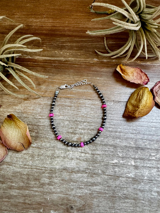 6.25 inch handmade bracelet with pink opal and sterling silver pearls, made by The Bijoux FAB