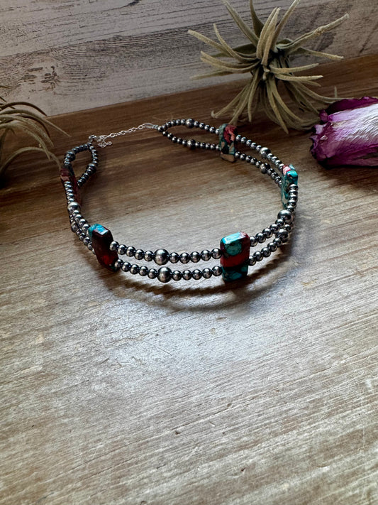 Pink/Turquoise Double Strand Necklace – 13” Beaded – Sterling Silver Pearls & Rectangle Variscite Turquoise