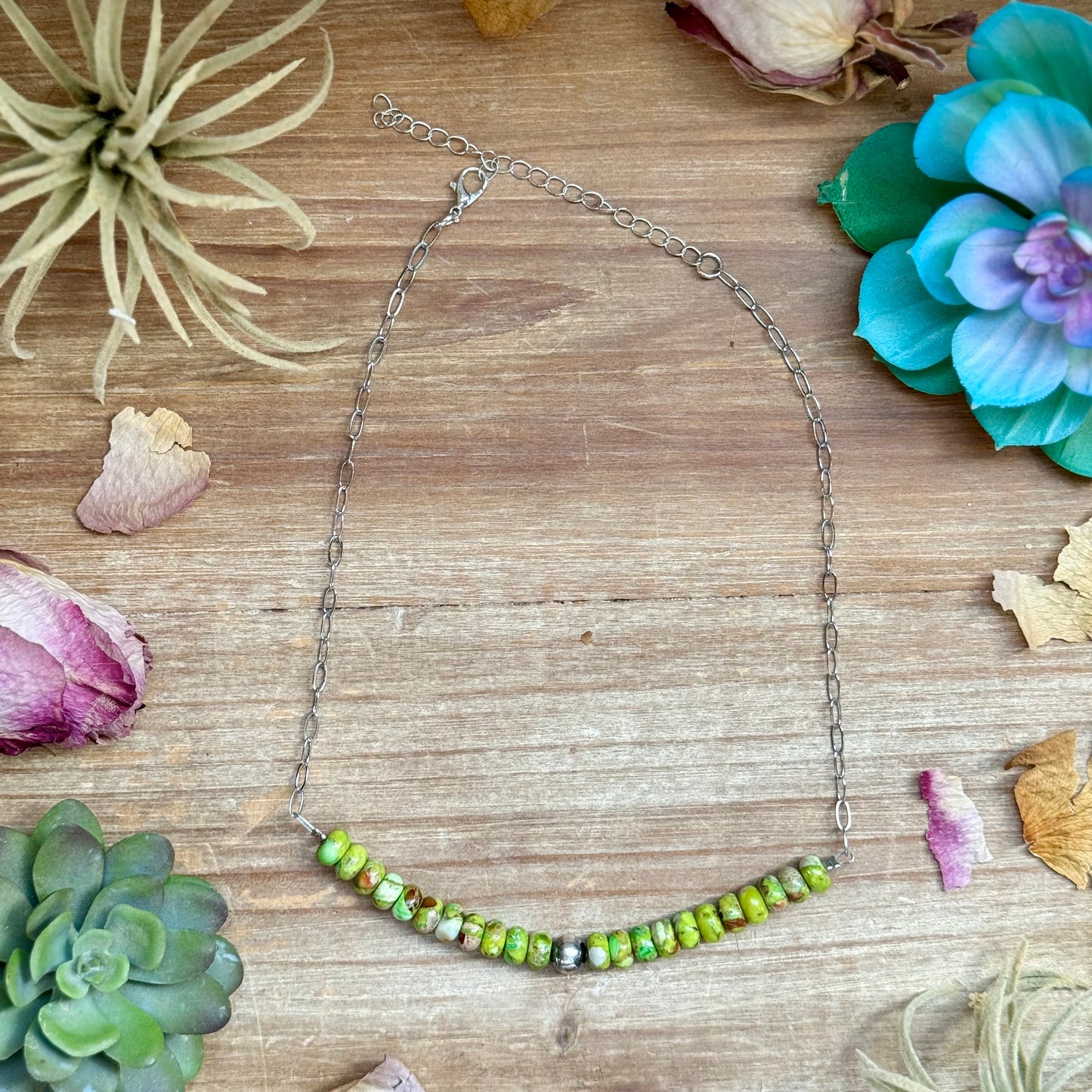 16 inch green variscite paperclip necklace with sterling silver bead handmade in the USA by The Bijoux FAB