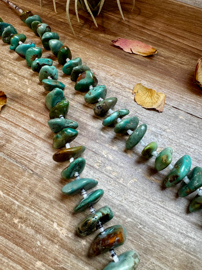 Handmade 34-inch necklace with 3mm natural shell beads and graduated real turquoise nuggets, finished with non-tarnish hook, made by The Bijoux FAB