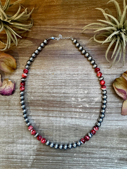 19 inch 8 mm Sterling Silver Pearls necklace with Red Spiny