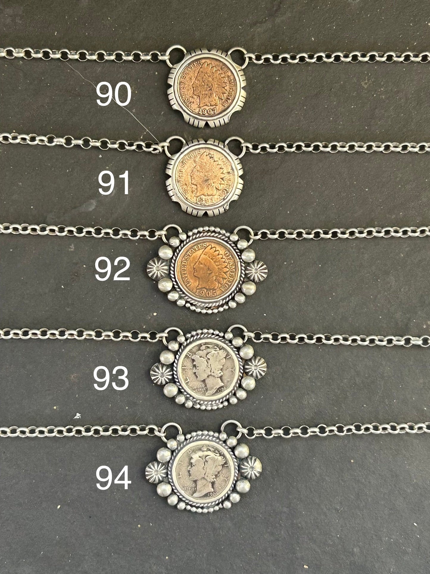 Sterling silver fixed chain necklace with Mercury dime by Texas artist Jason Ogg
