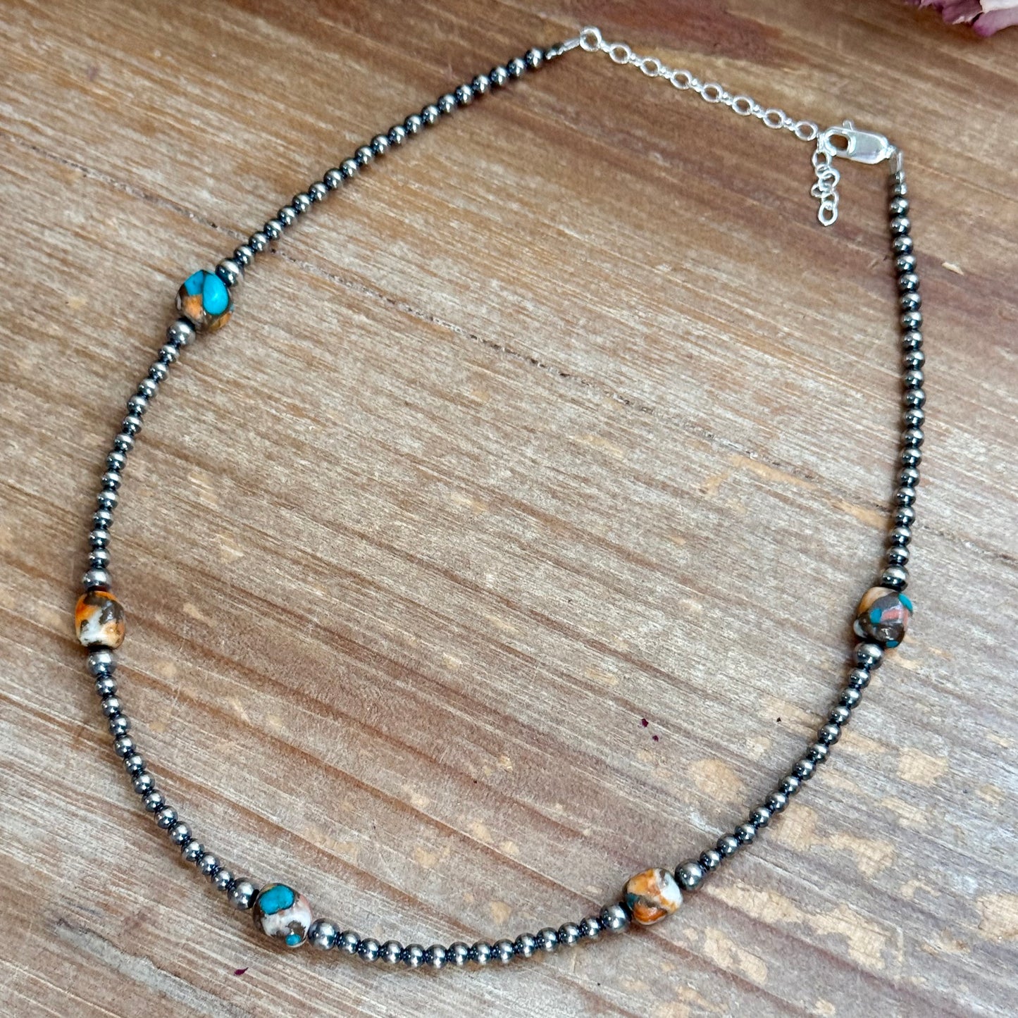 kid necklace 13” Turquoise & Spiny Oyster Necklace – 3–4mm Sterling Silver Pearls