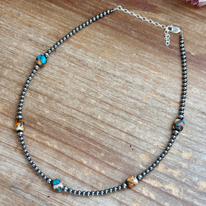 kid necklace 13” Turquoise & Spiny Oyster Necklace – 3–4mm Sterling Silver Pearls