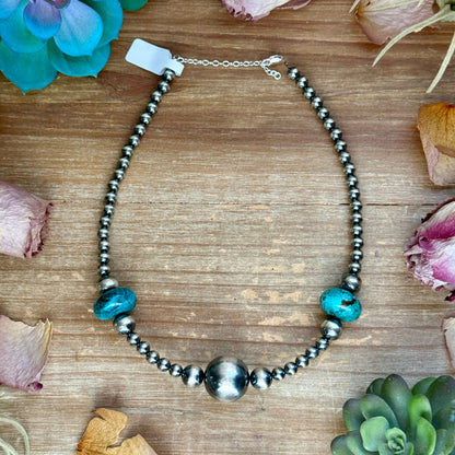 15 inch turquoise rondelle necklace with 20mm center stone and graduated sterling silver pearls handmade by The Bijoux FAB