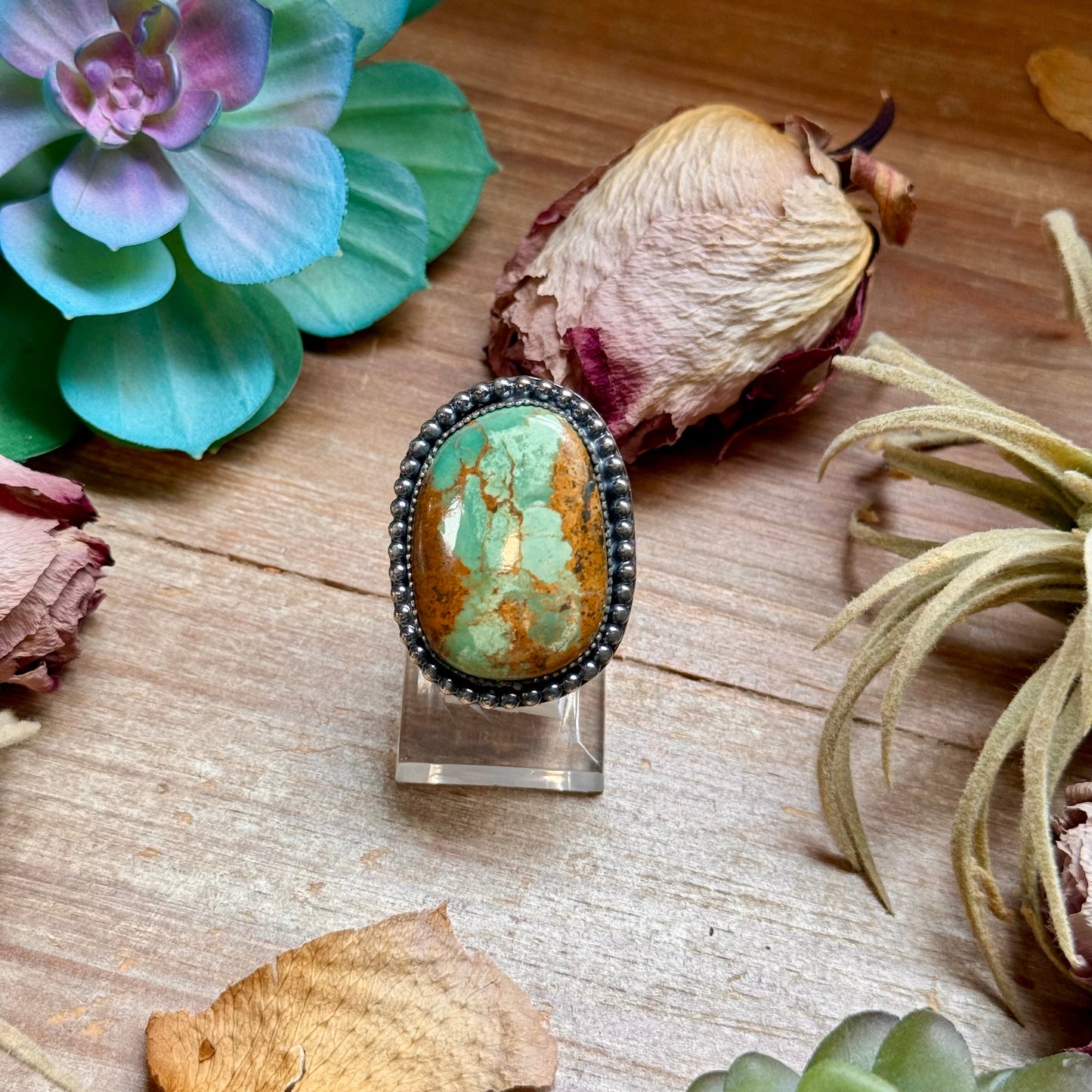 Green turquoise sterling silver adjustable ring with brown matrix handmade in the USA by The Bijoux FAB
