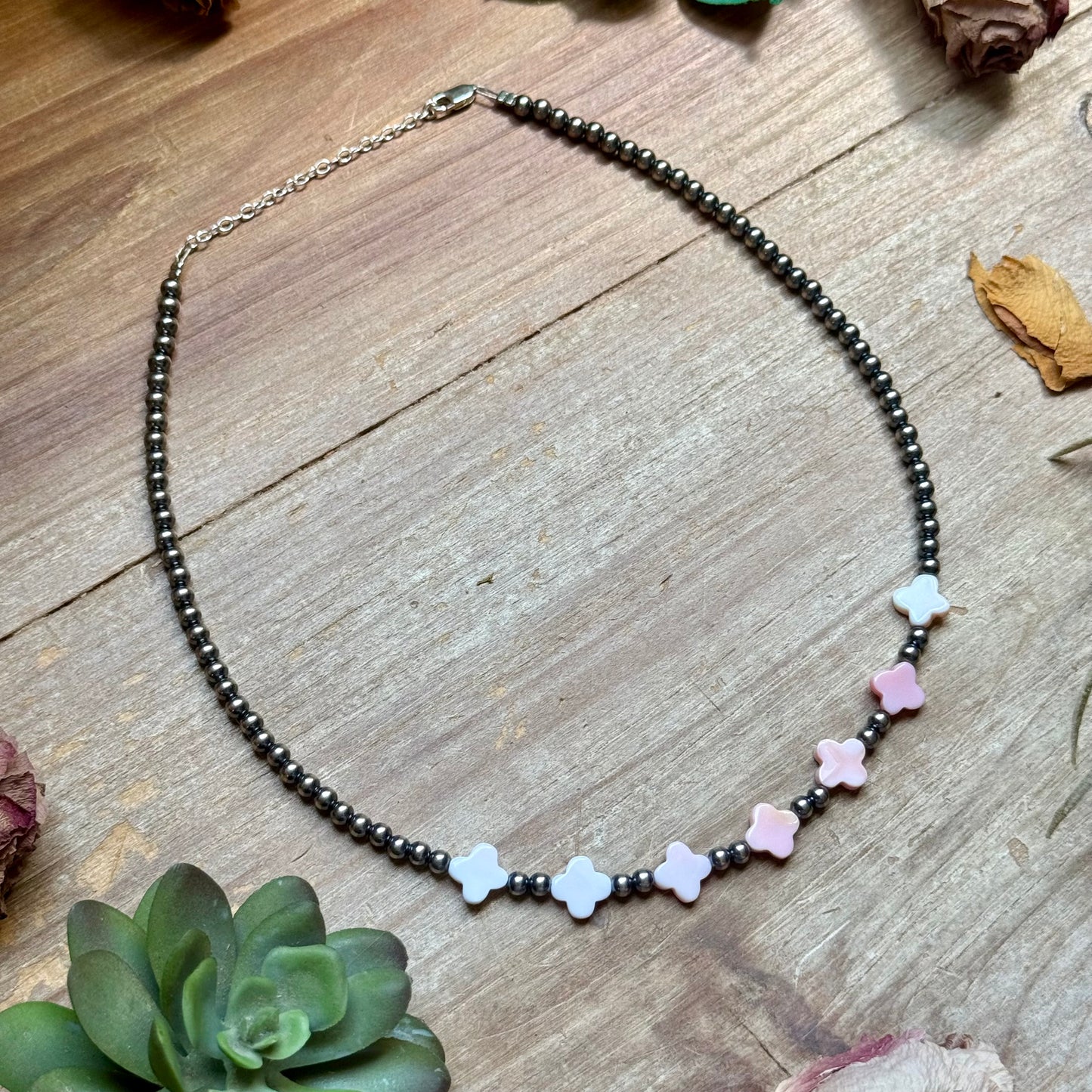 Pink Conch Flower & Sterling Silver Pearl Necklace
