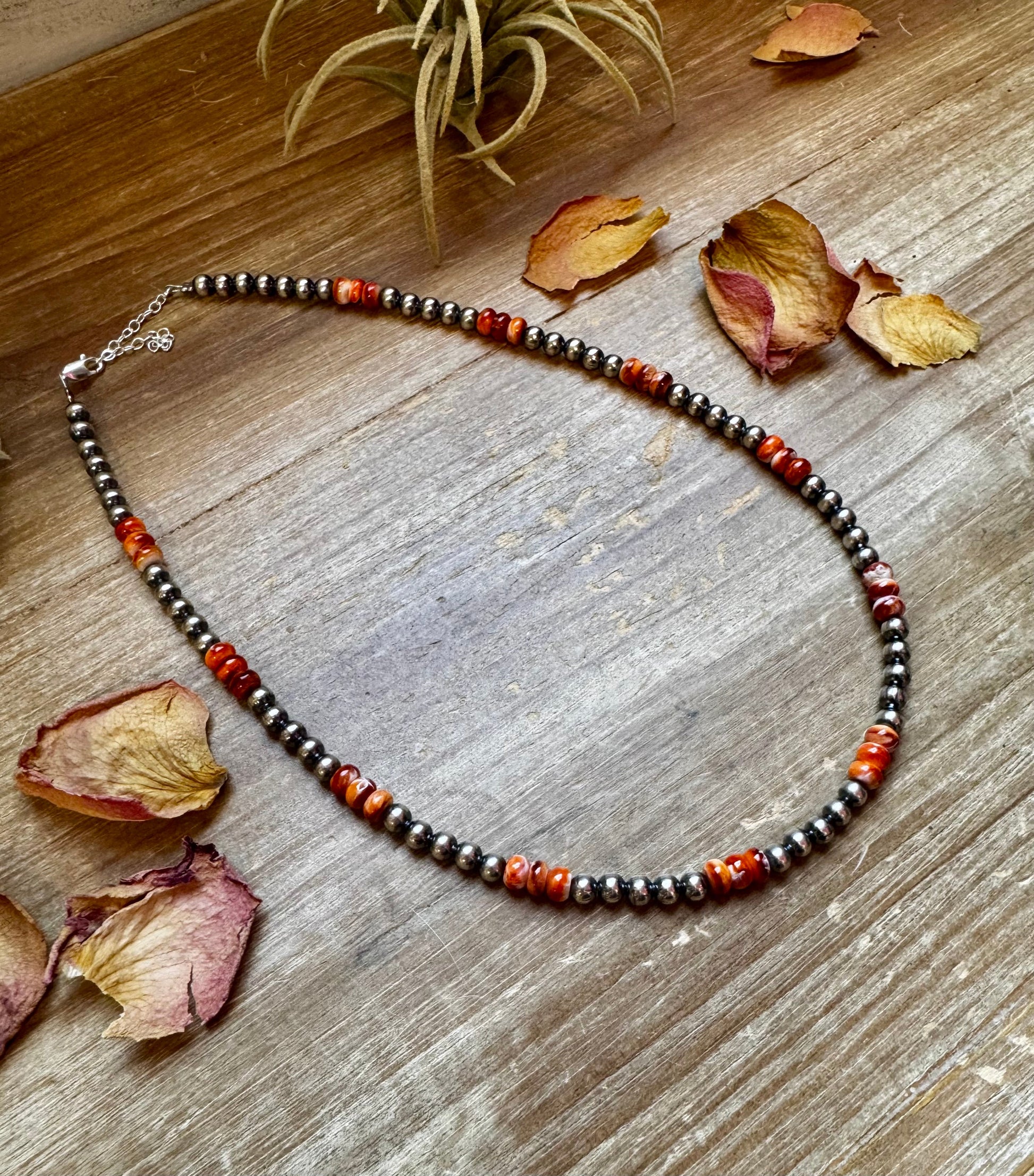 Handmade 18-inch sterling silver pearl necklace with orange and red spiny oyster beads, adjustable with a 2-inch extender