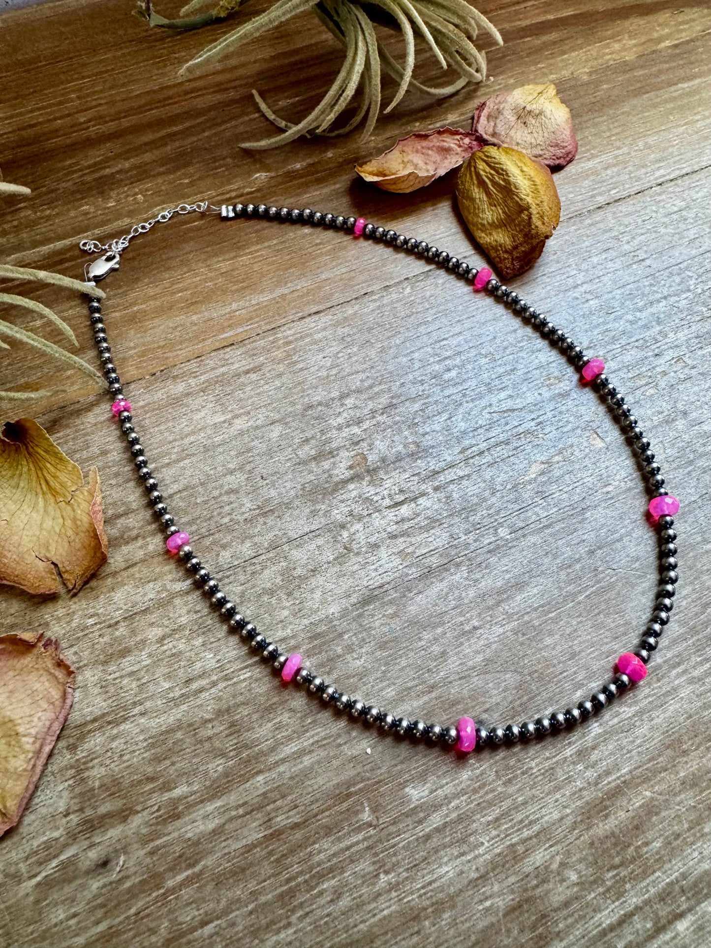 Pink Opal & Sterling Silver Pearl Necklace – 15"