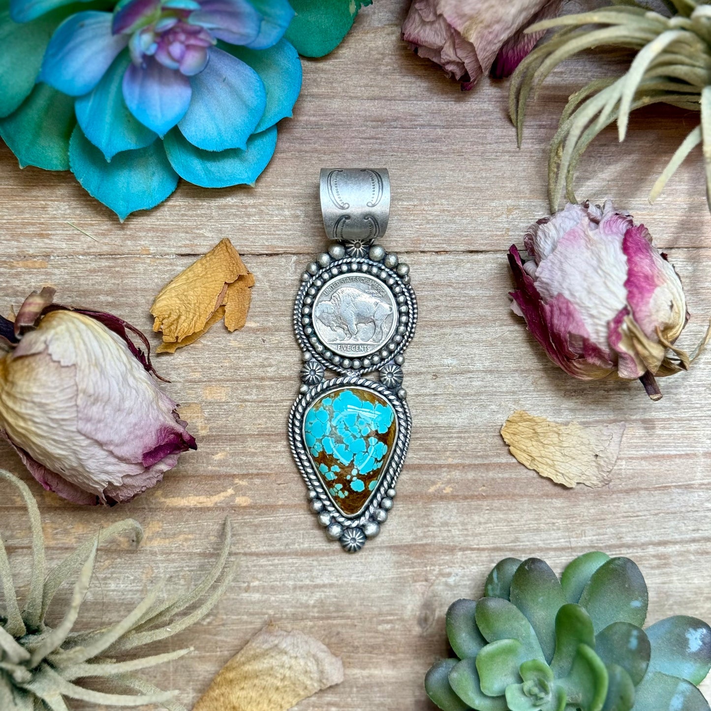 72 - Sterling Silver Mine #8 Turquoise & Buffalo Nickel Pendant by Shay Pfeiffer