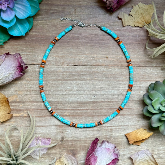turquoise and orange spiny oyster heishi necklace 14 inch sterling silver handmade in USA