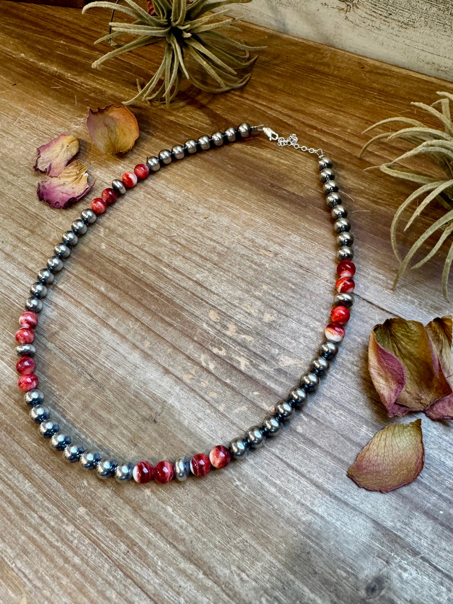 19 inch 8 mm Sterling Silver Pearls necklace with Red Spiny