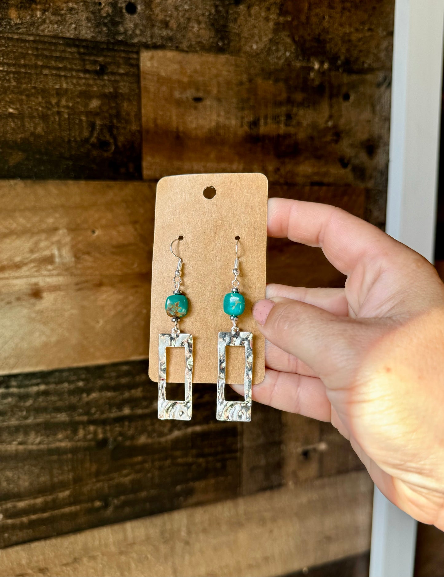 Green turquoise dangle earrings rectangle