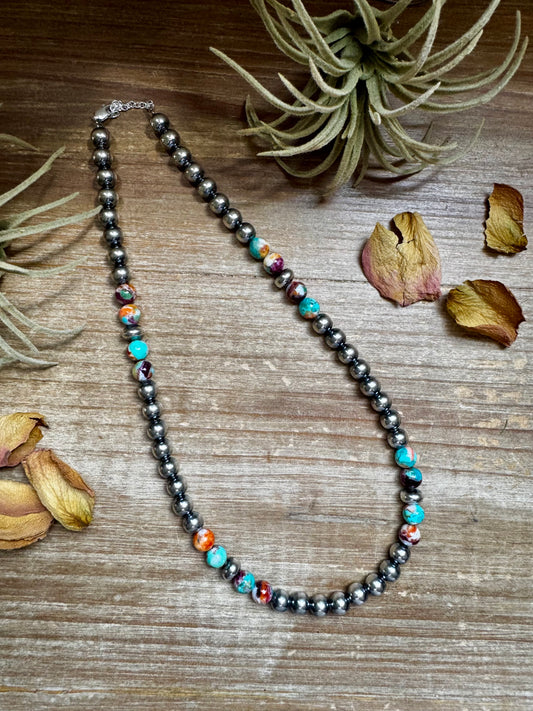 Handmade necklace with 8 mm Mohave turquoise mix beads and sterling silver pearls, 19 inch length plus extender, by The Bijoux FAB
