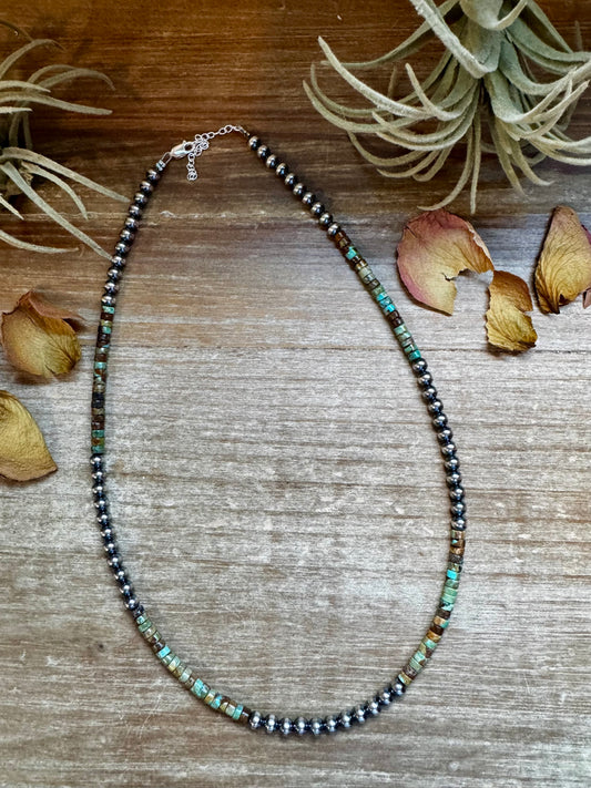 19" sterling silver pearl necklace with 4mm green heishi turquoise beads, handmade by The Bijoux FAB in the USA