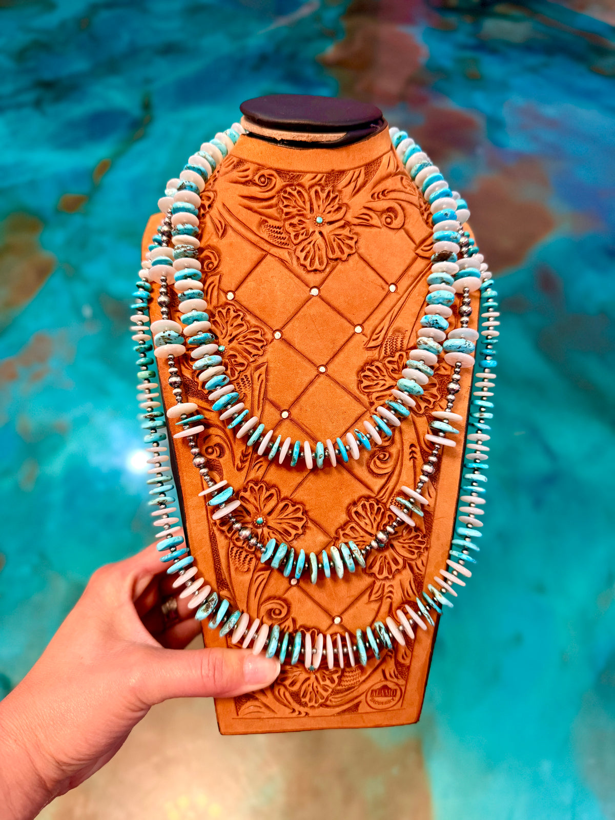 Jaci Stack – Blue Turquoise, White Shell & Sterling Silver Necklaces