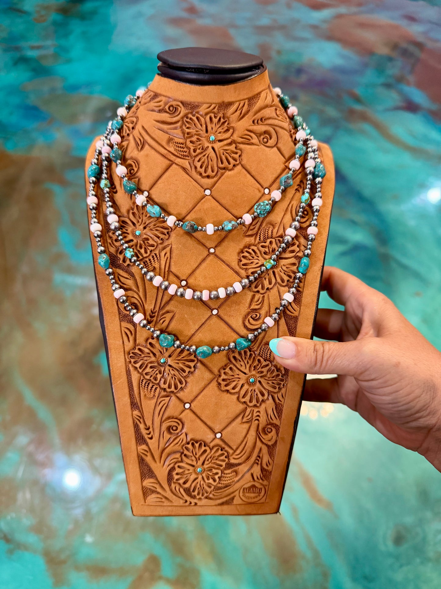 Jaci Three-Necklace Pink Conch, Turquoise & Sonoran Gold Turquoise Stack