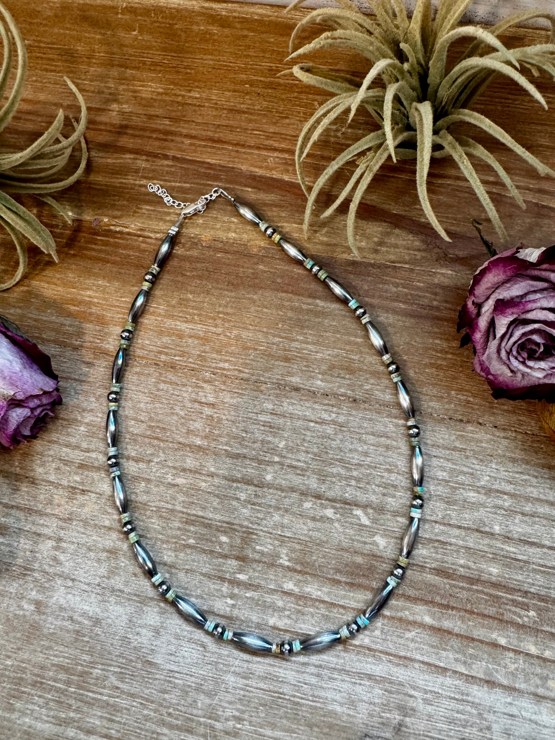 Sterling silver torpedo bead choker with green turquoise heishi and pearls, handmade by The Bijoux FAB in the USA