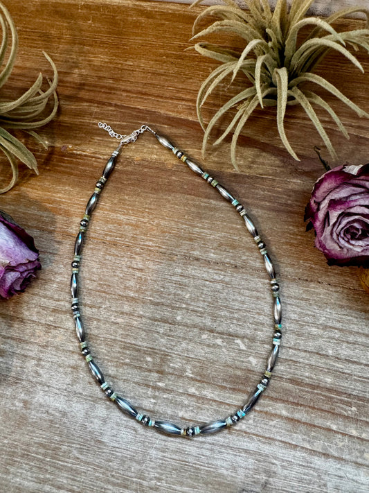 Sterling silver torpedo bead choker with green turquoise heishi and pearls, handmade by The Bijoux FAB in the USA