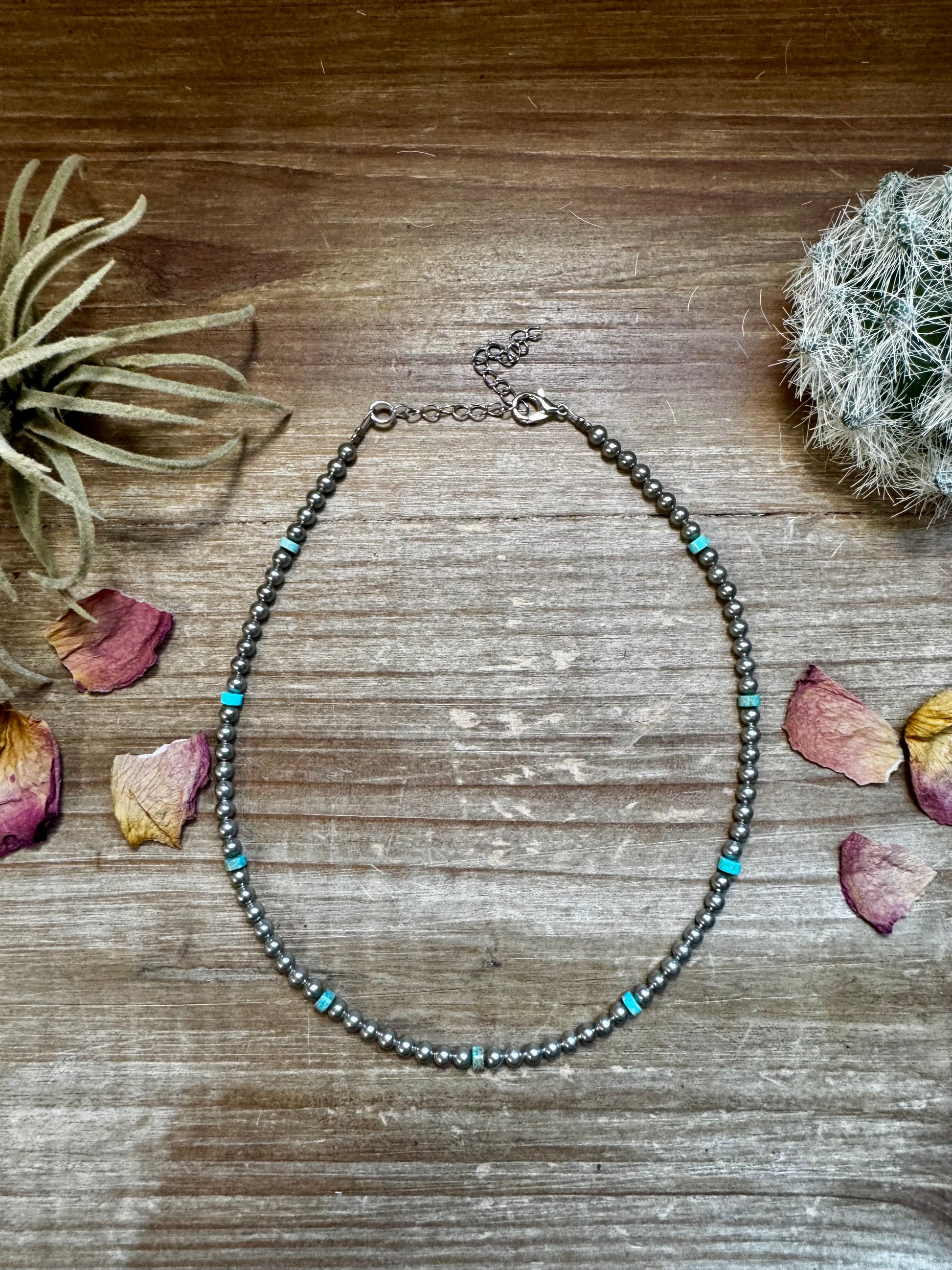 14-inch necklace with 3-inch extender, featuring one-tone silver-plated beads and Verasite turquoise accents. Handmade in the USA by The Bijoux FAB.