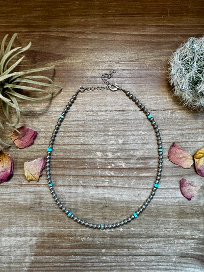 14-inch necklace with 3-inch extender, featuring one-tone silver-plated beads and Verasite turquoise accents. Handmade in the USA by The Bijoux FAB.