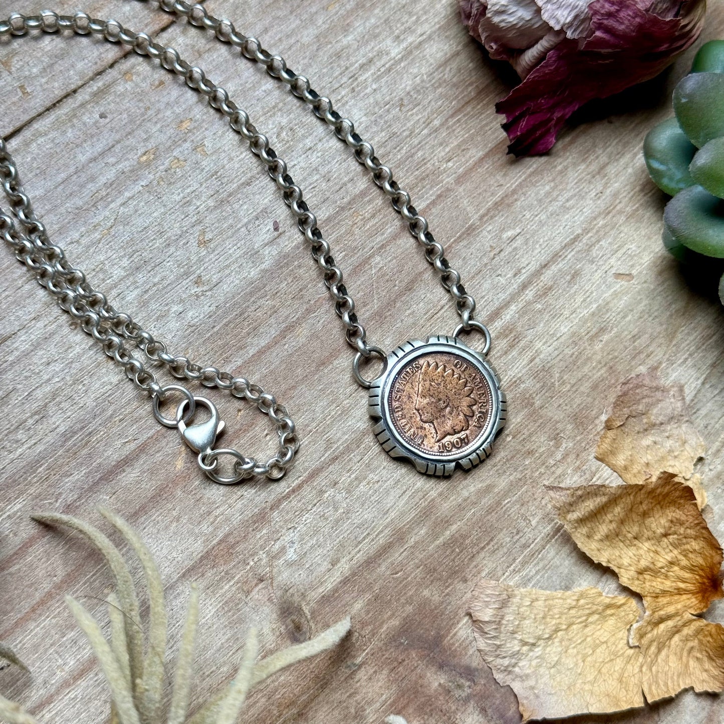 90 - Sterling Silver Indian Head Penny Framed Fixed Chain Necklace by Jason Ogg