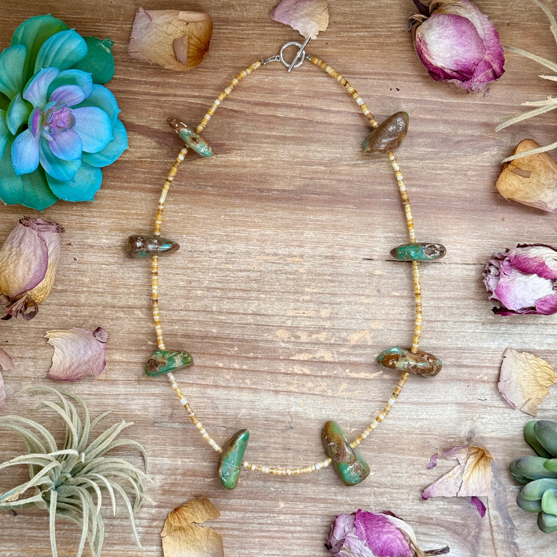 22 inch chunky turquoise and shell heishi necklace with non tarnish hook handmade by The Bijoux FAB
