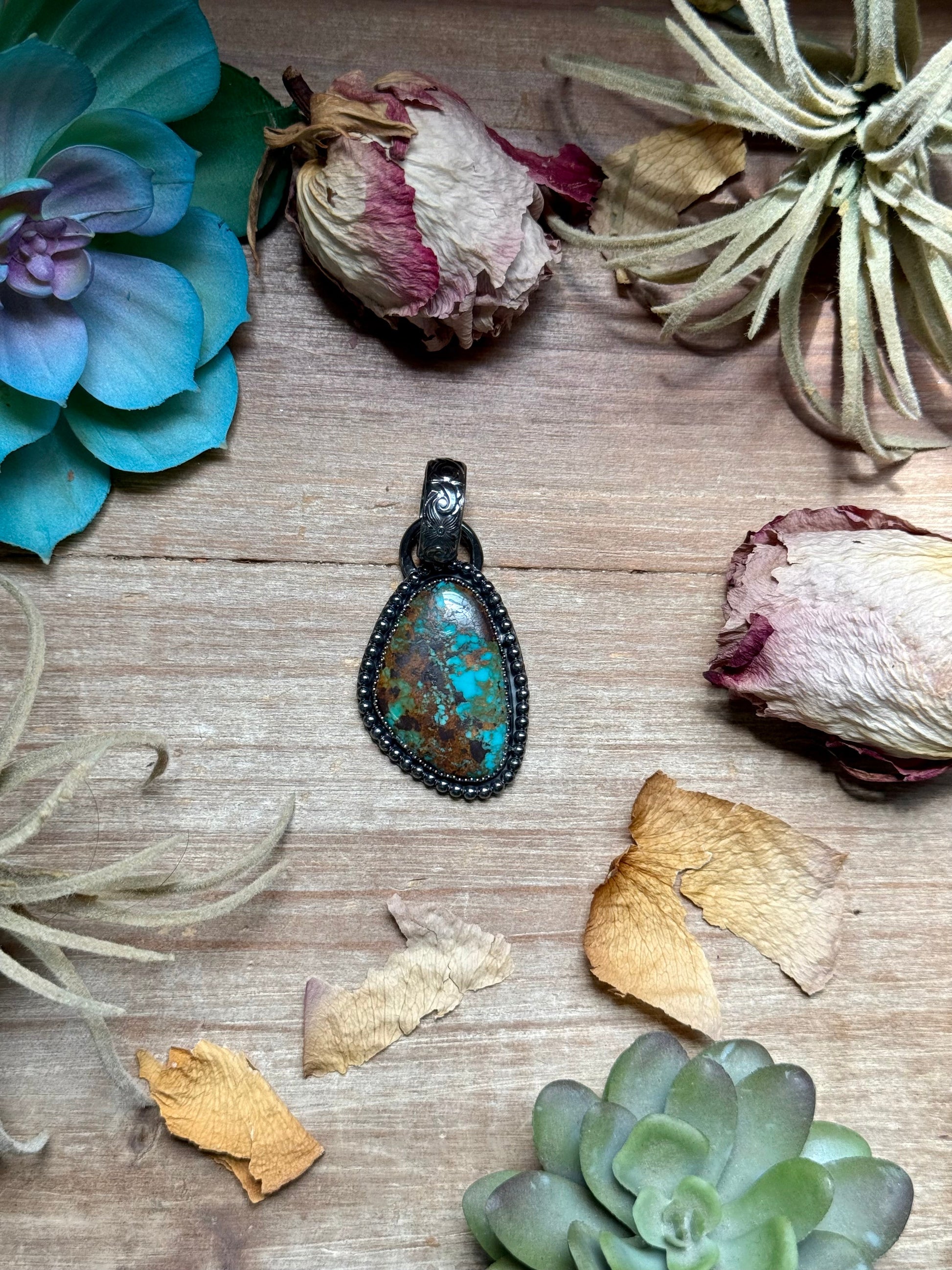 Freeform blue turquoise sterling silver pendant with dark matrix handmade in the USA by The Bijoux FAB
