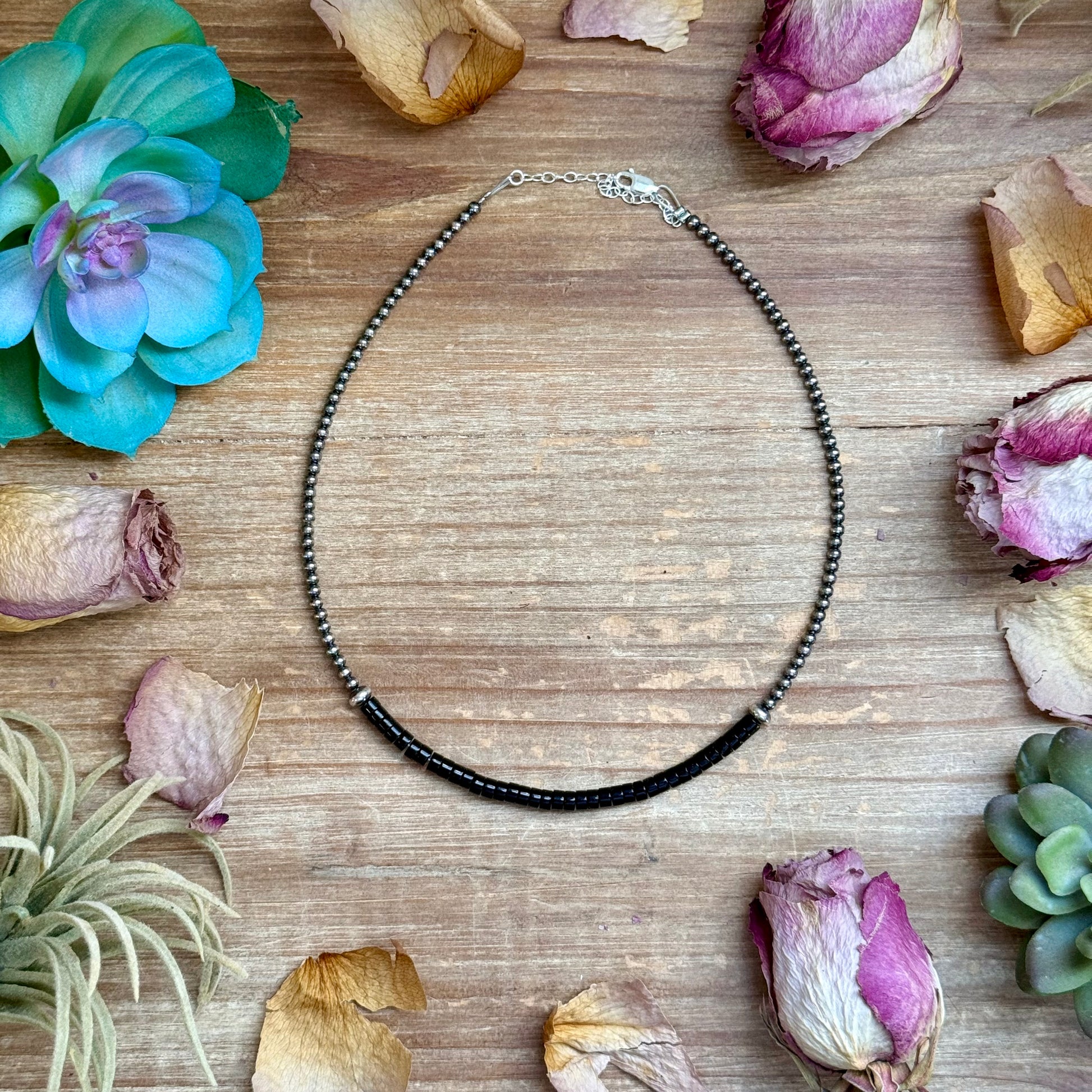 14 inch black onyx heishi necklace with sterling silver pearls and saucers handmade in the USA by The Bijoux FAB