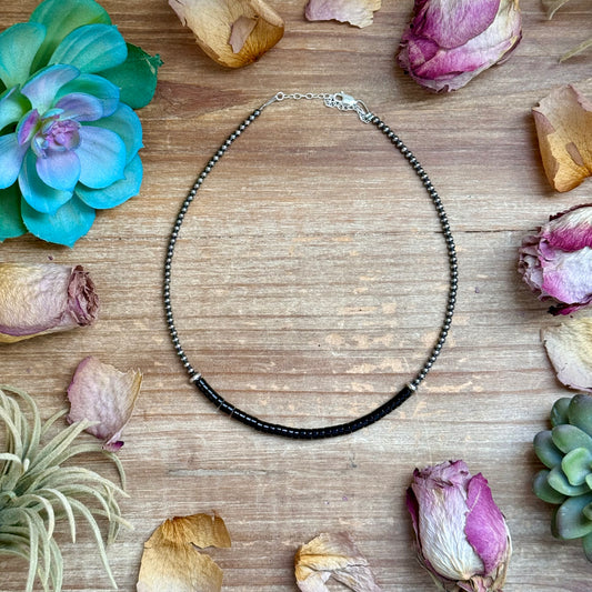 14 inch black onyx heishi necklace with sterling silver pearls and saucers handmade in the USA by The Bijoux FAB